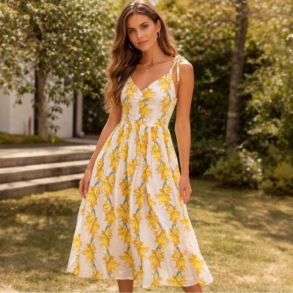 kate quinn NWT Banana Yellow Bamboo Stretch Jersey Midi Dress Fit and Flare